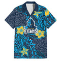 Personalised Gold Coast Titans Family Matching Short Sleeve Bodycon Dress and Hawaiian Shirt Polynesian Tribal Pattern With Rugby Titan Mascot Art