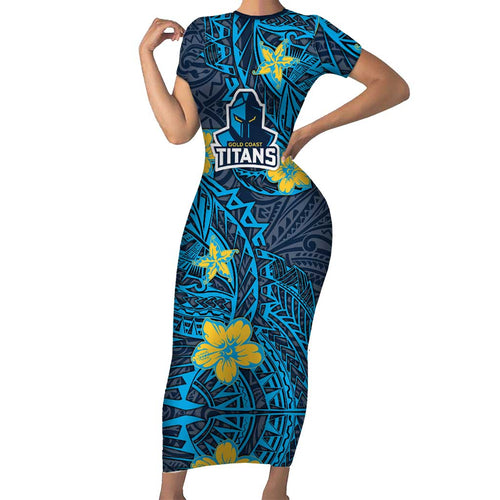 Personalised Gold Coast Titans Family Matching Short Sleeve Bodycon Dress and Hawaiian Shirt Polynesian Tribal Pattern With Rugby Titan Mascot Art