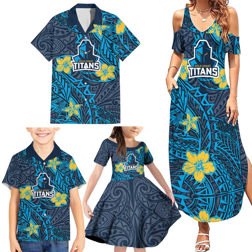Personalised Gold Coast Titans Family Matching Summer Maxi Dress and Hawaiian Shirt Polynesian Tribal Pattern With Rugby Titan Mascot Art