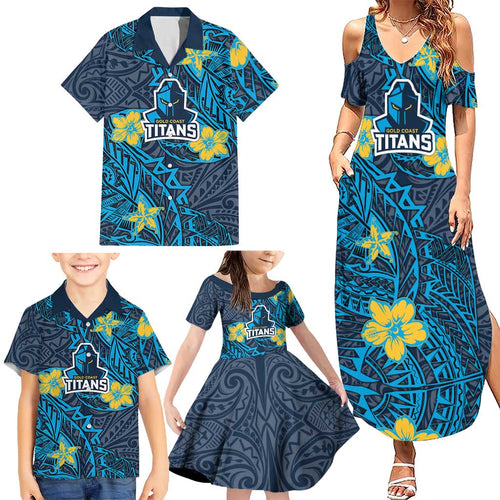Personalised Gold Coast Titans Family Matching Summer Maxi Dress and Hawaiian Shirt Polynesian Tribal Pattern With Rugby Titan Mascot Art