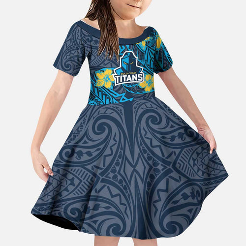 Personalised Gold Coast Titans Family Matching Summer Maxi Dress and Hawaiian Shirt Polynesian Tribal Pattern With Rugby Titan Mascot Art