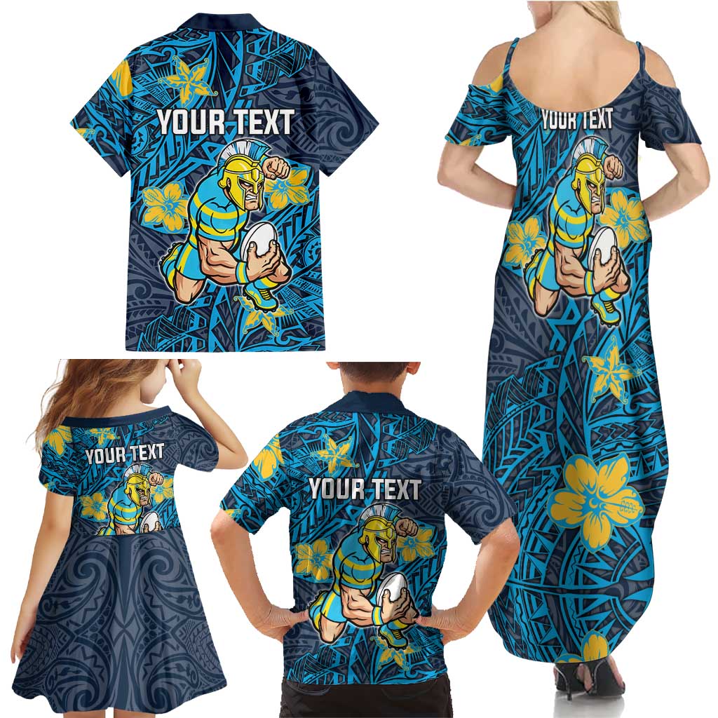 Personalised Gold Coast Titans Family Matching Summer Maxi Dress and Hawaiian Shirt Polynesian Tribal Pattern With Rugby Titan Mascot Art