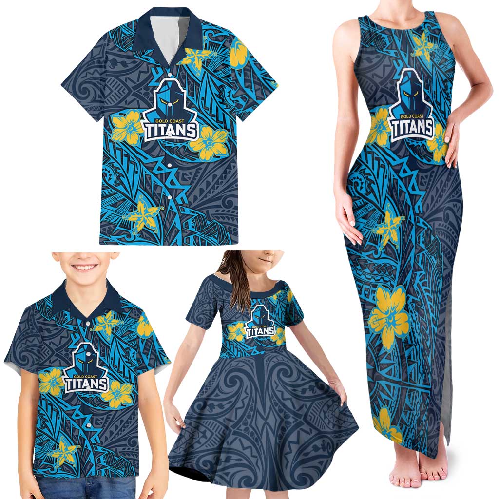 Personalised Gold Coast Titans Family Matching Tank Maxi Dress and Hawaiian Shirt Polynesian Tribal Pattern With Rugby Titan Mascot Art