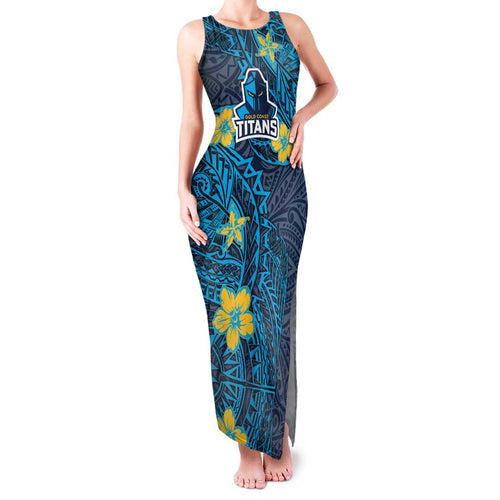 Personalised Gold Coast Titans Family Matching Tank Maxi Dress and Hawaiian Shirt Polynesian Tribal Pattern With Rugby Titan Mascot Art