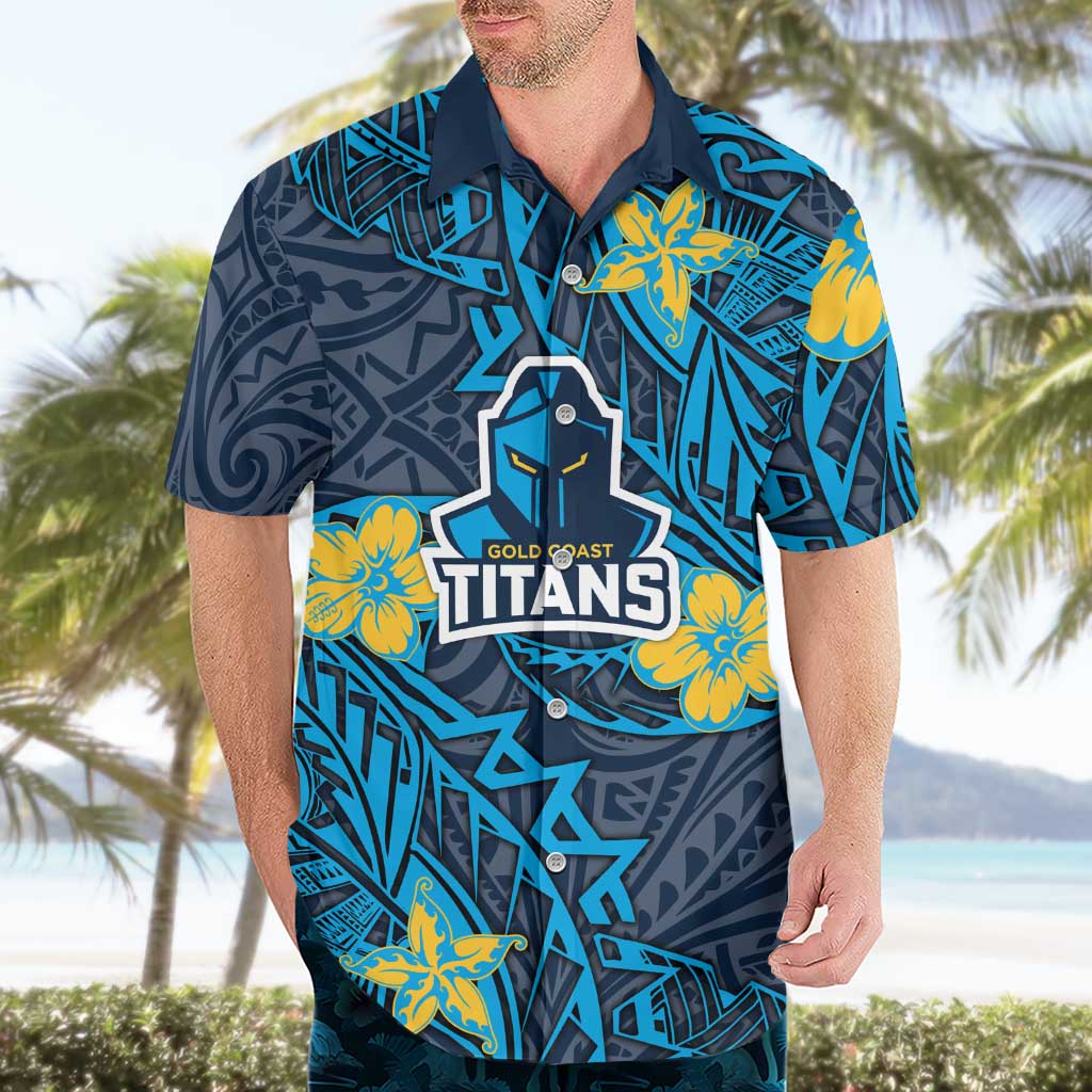 Personalised Gold Coast Titans Hawaiian Shirt Polynesian Tribal Pattern With Rugby Titan Mascot Art