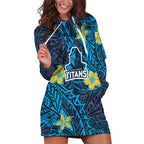 Personalised Gold Coast Titans Hoodie Dress Polynesian Tribal Pattern With Rugby Titan Mascot Art