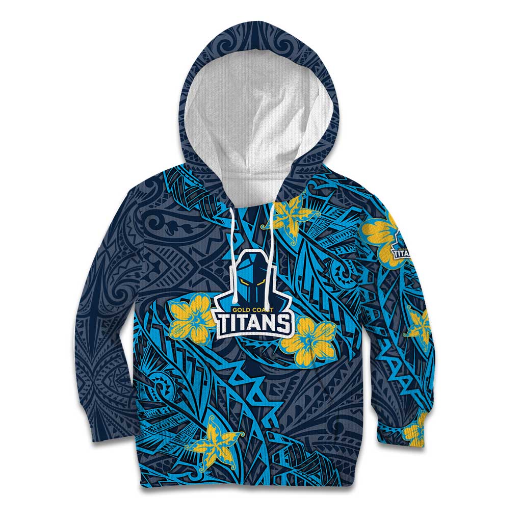 Personalised Gold Coast Titans Kid Hoodie Polynesian Tribal Pattern With Rugby Titan Mascot Art