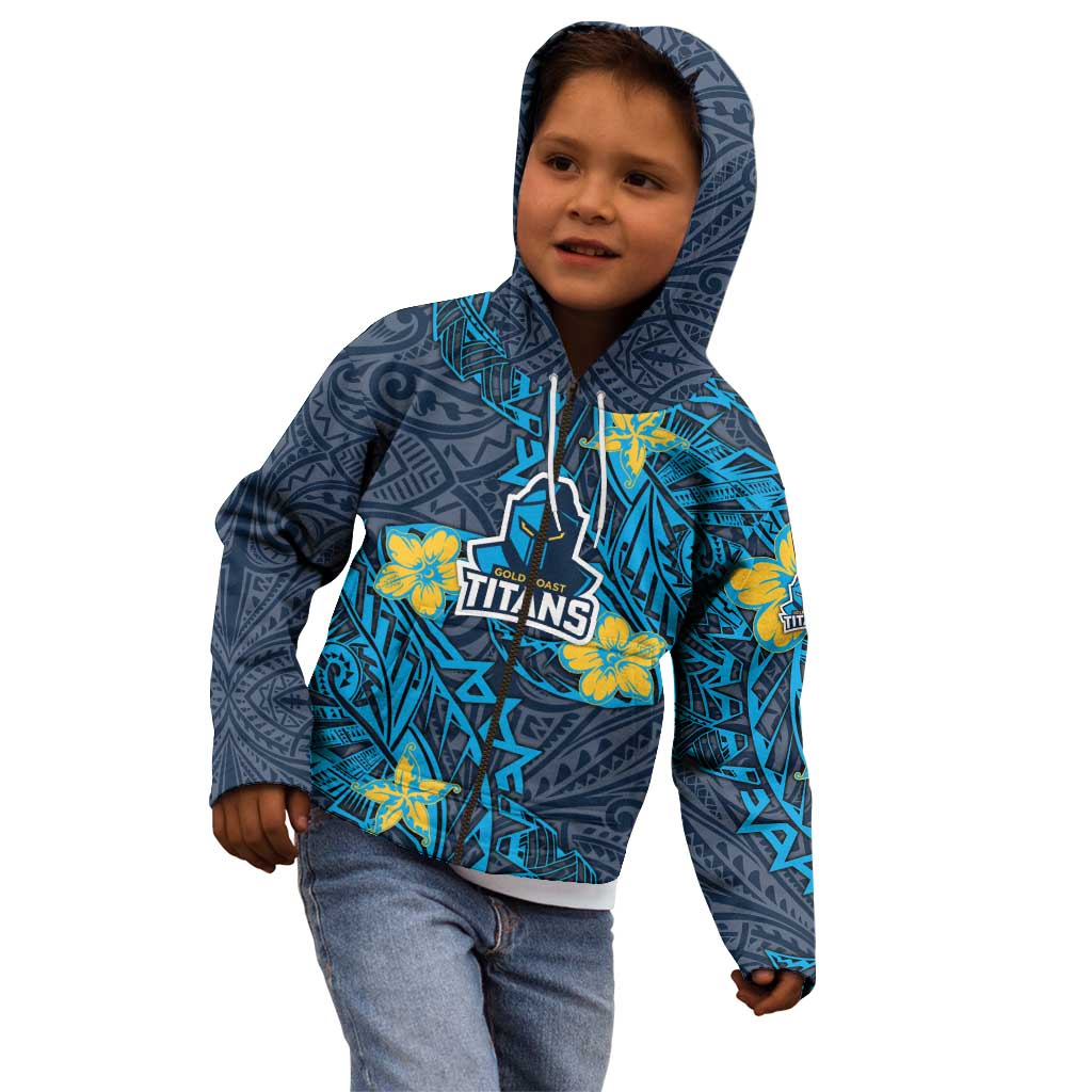 Personalised Gold Coast Titans Kid Hoodie Polynesian Tribal Pattern With Rugby Titan Mascot Art