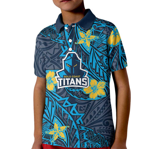 Personalised Gold Coast Titans Kid Polo Shirt Polynesian Tribal Pattern With Rugby Titan Mascot Art