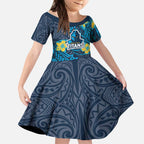 Personalised Gold Coast Titans Kid Short Sleeve Dress Polynesian Tribal Pattern With Rugby Titan Mascot Art