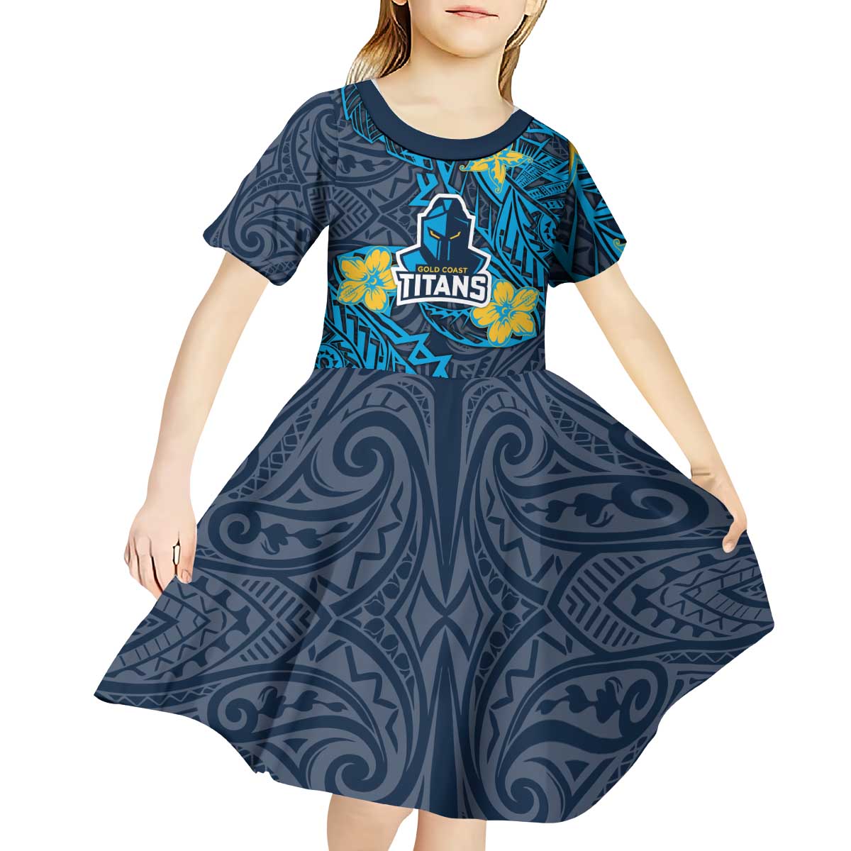 Personalised Gold Coast Titans Kid Short Sleeve Dress Polynesian Tribal Pattern With Rugby Titan Mascot Art