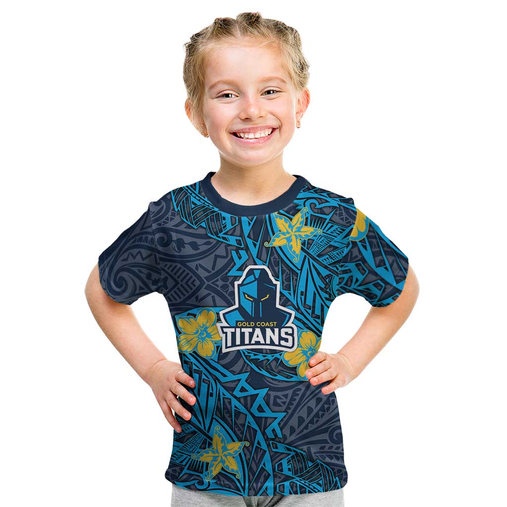 Personalised Gold Coast Titans Kid T Shirt Polynesian Tribal Pattern With Rugby Titan Mascot Art