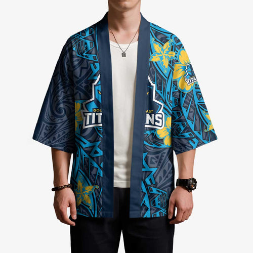Personalised Gold Coast Titans Kimono Polynesian Tribal Pattern With Rugby Titan Mascot Art
