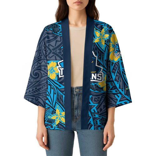 Personalised Gold Coast Titans Kimono Polynesian Tribal Pattern With Rugby Titan Mascot Art