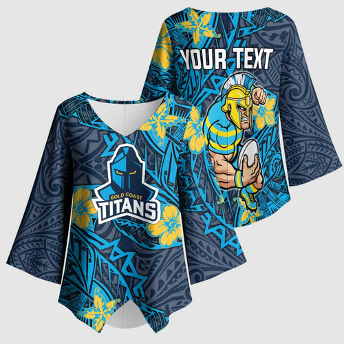 Personalised Gold Coast Titans Kimono Sleeve Blouse Polynesian Tribal Pattern With Rugby Titan Mascot Art