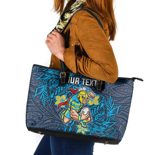 Personalised Gold Coast Titans Leather Tote Bag Polynesian Tribal Pattern With Rugby Titan Mascot Art
