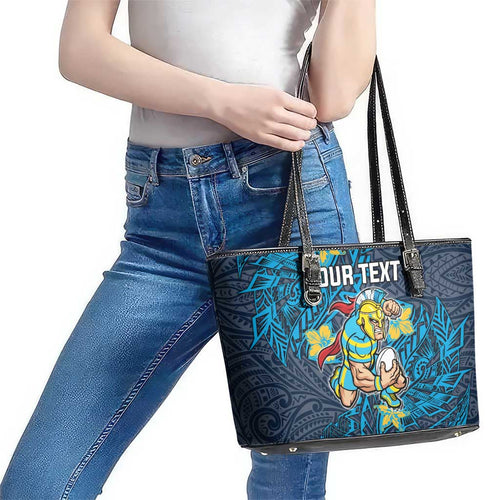 Personalised Gold Coast Titans Leather Tote Bag Polynesian Tribal Pattern With Rugby Titan Mascot Art