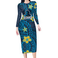 Personalised Gold Coast Titans Long Sleeve Bodycon Dress Polynesian Tribal Pattern With Rugby Titan Mascot Art