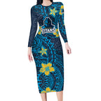 Personalised Gold Coast Titans Long Sleeve Bodycon Dress Polynesian Tribal Pattern With Rugby Titan Mascot Art