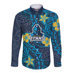Personalised Gold Coast Titans Long Sleeve Button Shirt Polynesian Tribal Pattern With Rugby Titan Mascot Art