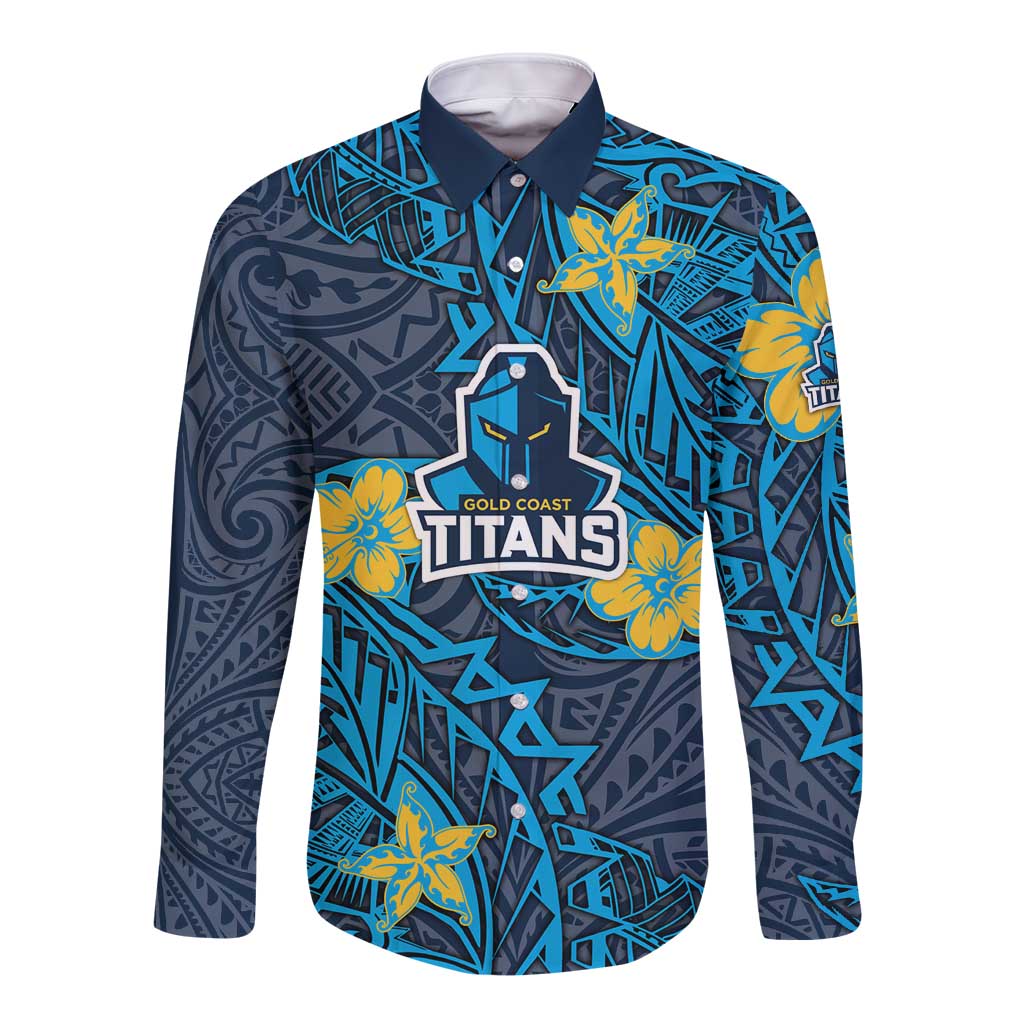 Personalised Gold Coast Titans Long Sleeve Button Shirt Polynesian Tribal Pattern With Rugby Titan Mascot Art