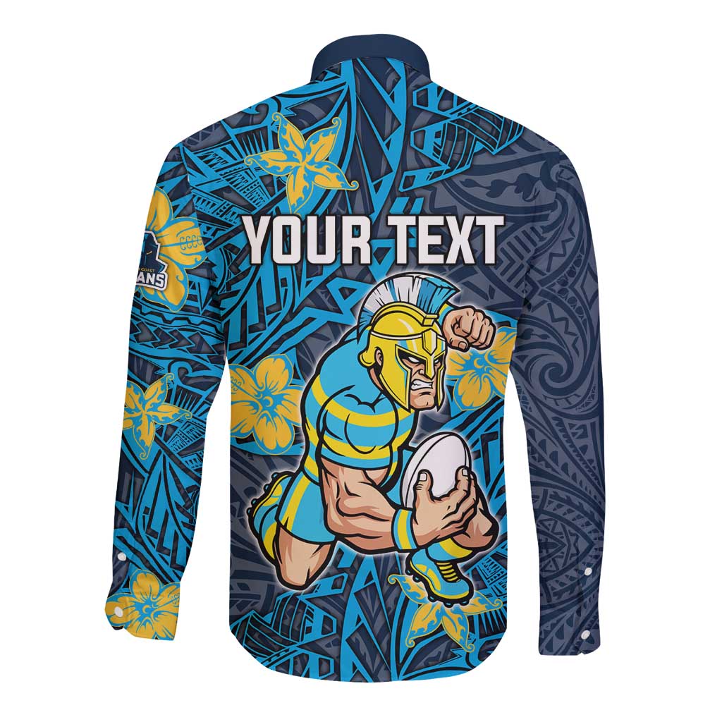 Personalised Gold Coast Titans Long Sleeve Button Shirt Polynesian Tribal Pattern With Rugby Titan Mascot Art