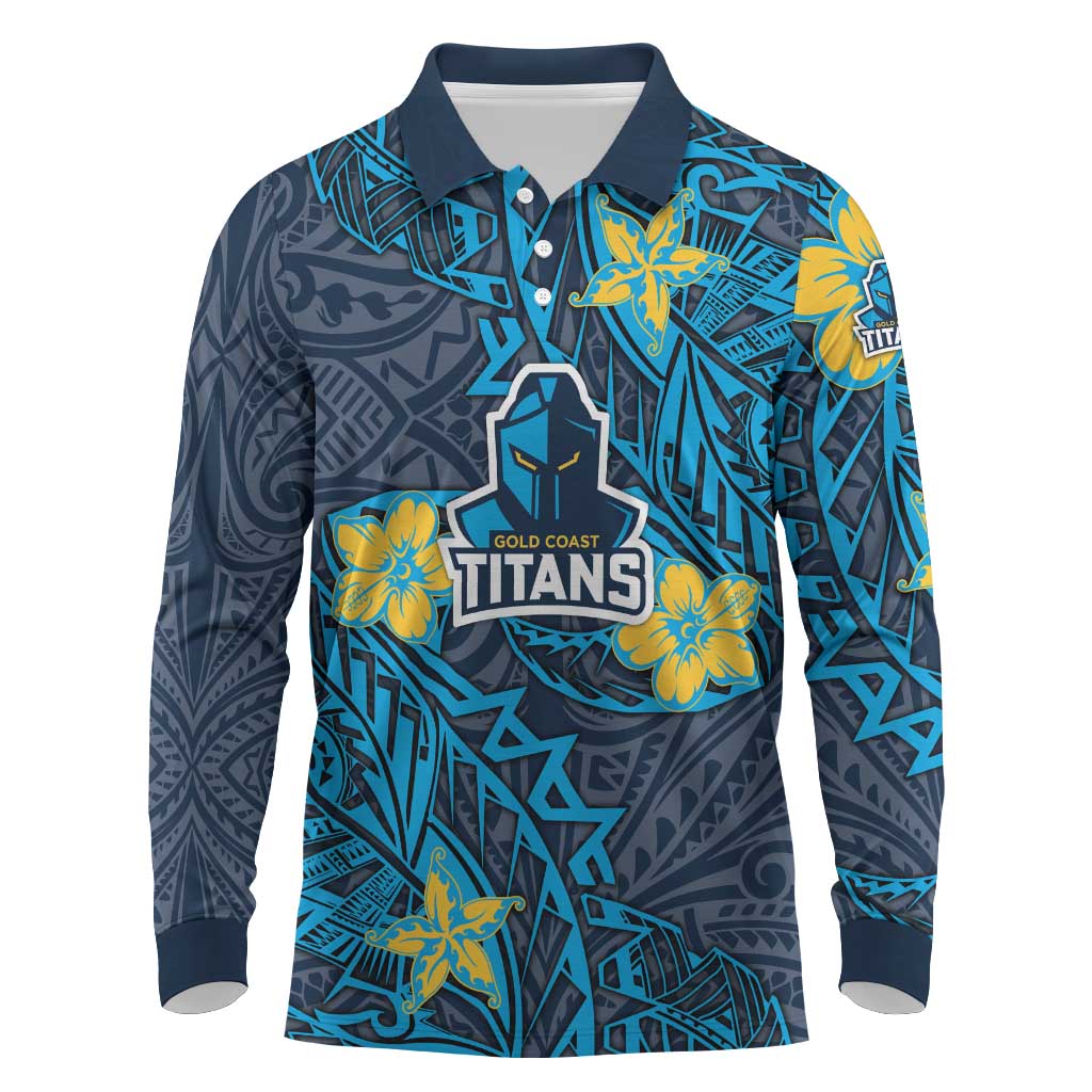 Personalised Gold Coast Titans Long Sleeve Polo Shirt Polynesian Tribal Pattern With Rugby Titan Mascot Art