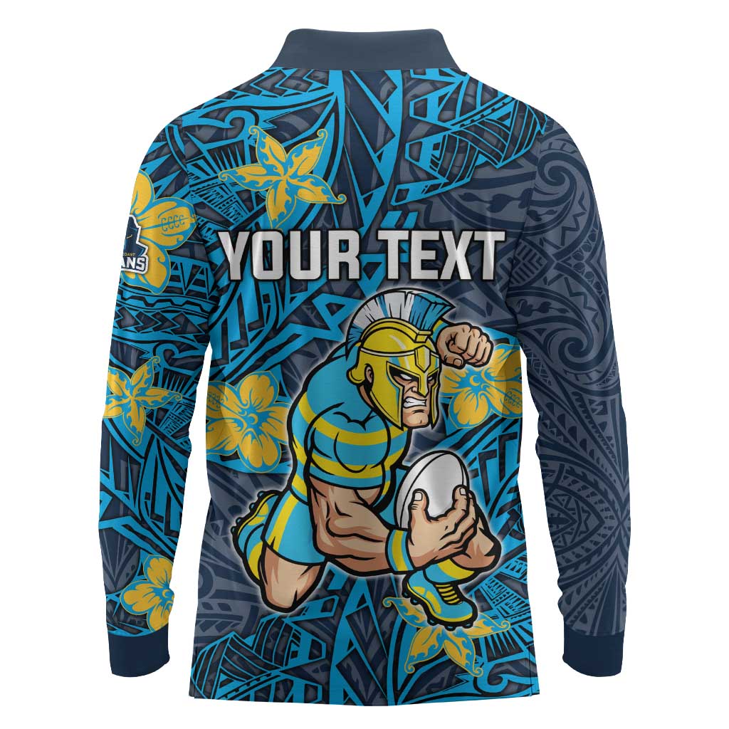 Personalised Gold Coast Titans Long Sleeve Polo Shirt Polynesian Tribal Pattern With Rugby Titan Mascot Art