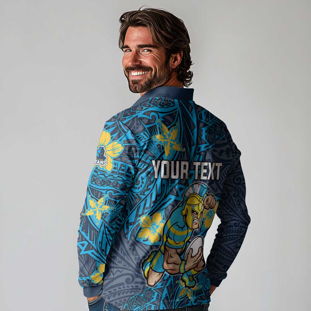 Personalised Gold Coast Titans Long Sleeve Polo Shirt Polynesian Tribal Pattern With Rugby Titan Mascot Art