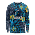 Personalised Gold Coast Titans Long Sleeve Shirt Polynesian Tribal Pattern With Rugby Titan Mascot Art