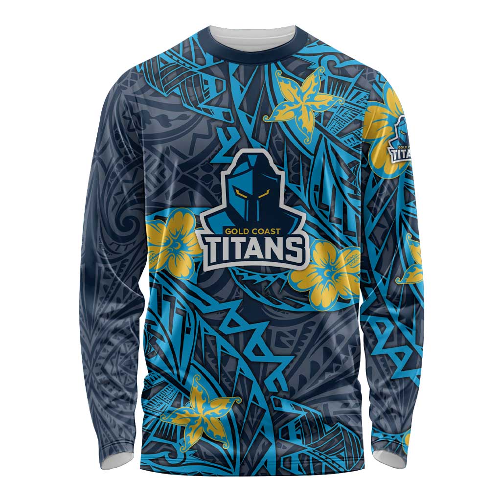Personalised Gold Coast Titans Long Sleeve Shirt Polynesian Tribal Pattern With Rugby Titan Mascot Art
