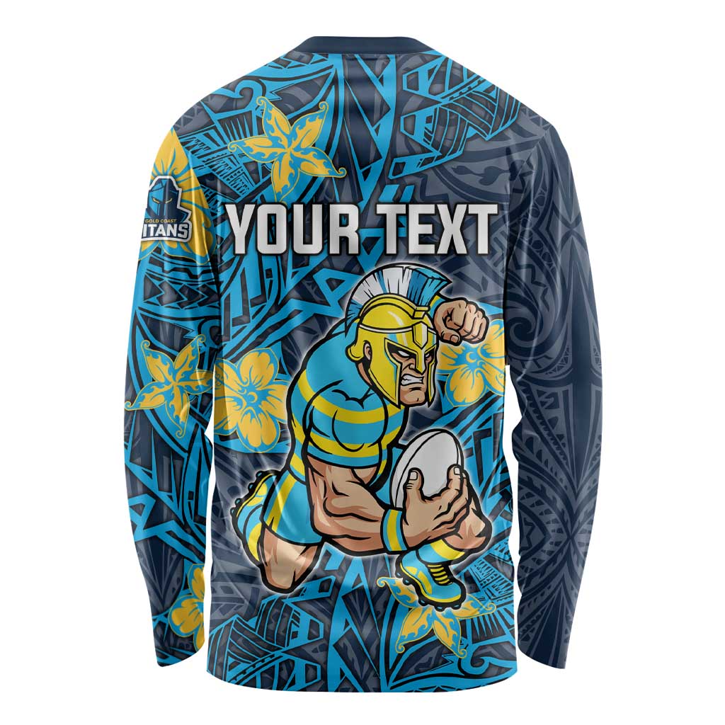 Personalised Gold Coast Titans Long Sleeve Shirt Polynesian Tribal Pattern With Rugby Titan Mascot Art