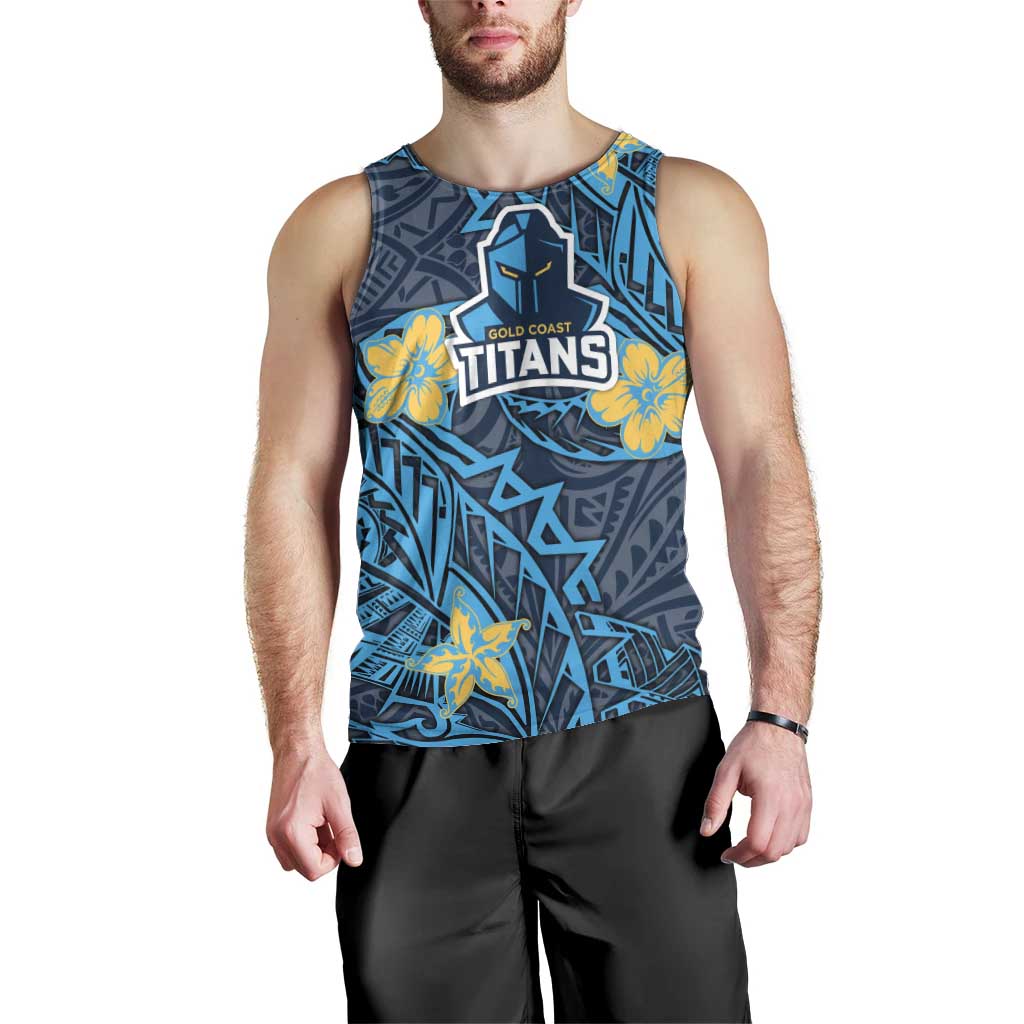 Personalised Gold Coast Titans Men Tank Top Polynesian Tribal Pattern With Rugby Titan Mascot Art