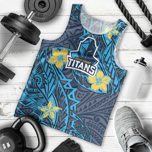 Personalised Gold Coast Titans Men Tank Top Polynesian Tribal Pattern With Rugby Titan Mascot Art