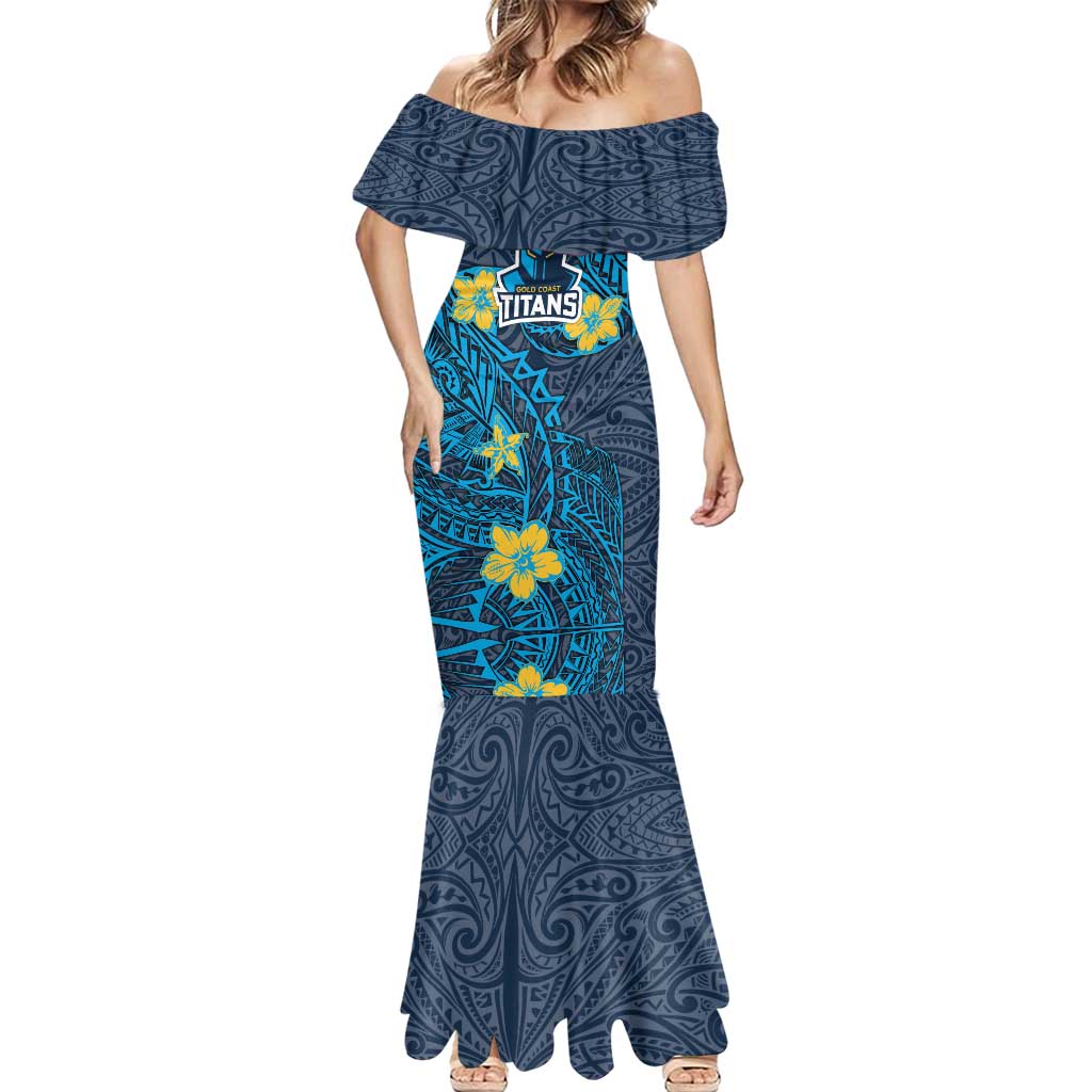 Personalised Gold Coast Titans Mermaid Dress Polynesian Tribal Pattern With Rugby Titan Mascot Art