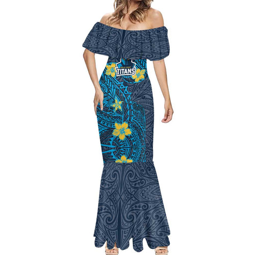 Personalised Gold Coast Titans Mermaid Dress Polynesian Tribal Pattern With Rugby Titan Mascot Art