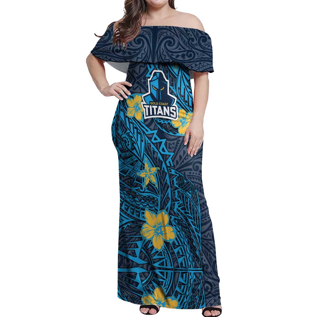 Personalised Gold Coast Titans Off Shoulder Maxi Dress Polynesian Tribal Pattern With Rugby Titan Mascot Art