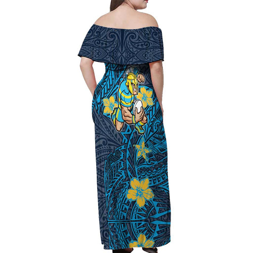 Personalised Gold Coast Titans Off Shoulder Maxi Dress Polynesian Tribal Pattern With Rugby Titan Mascot Art