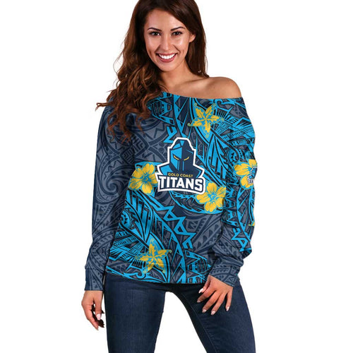 Personalised Gold Coast Titans Off Shoulder Sweater Polynesian Tribal Pattern With Rugby Titan Mascot Art