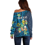 Personalised Gold Coast Titans Off Shoulder Sweater Polynesian Tribal Pattern With Rugby Titan Mascot Art