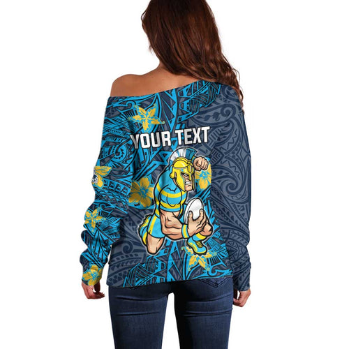 Personalised Gold Coast Titans Off Shoulder Sweater Polynesian Tribal Pattern With Rugby Titan Mascot Art