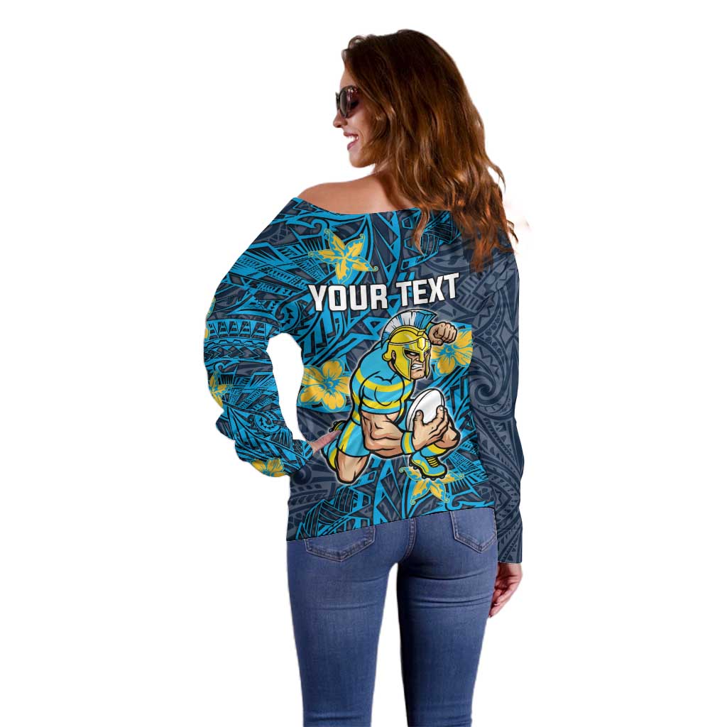 Personalised Gold Coast Titans Off Shoulder Sweater Polynesian Tribal Pattern With Rugby Titan Mascot Art