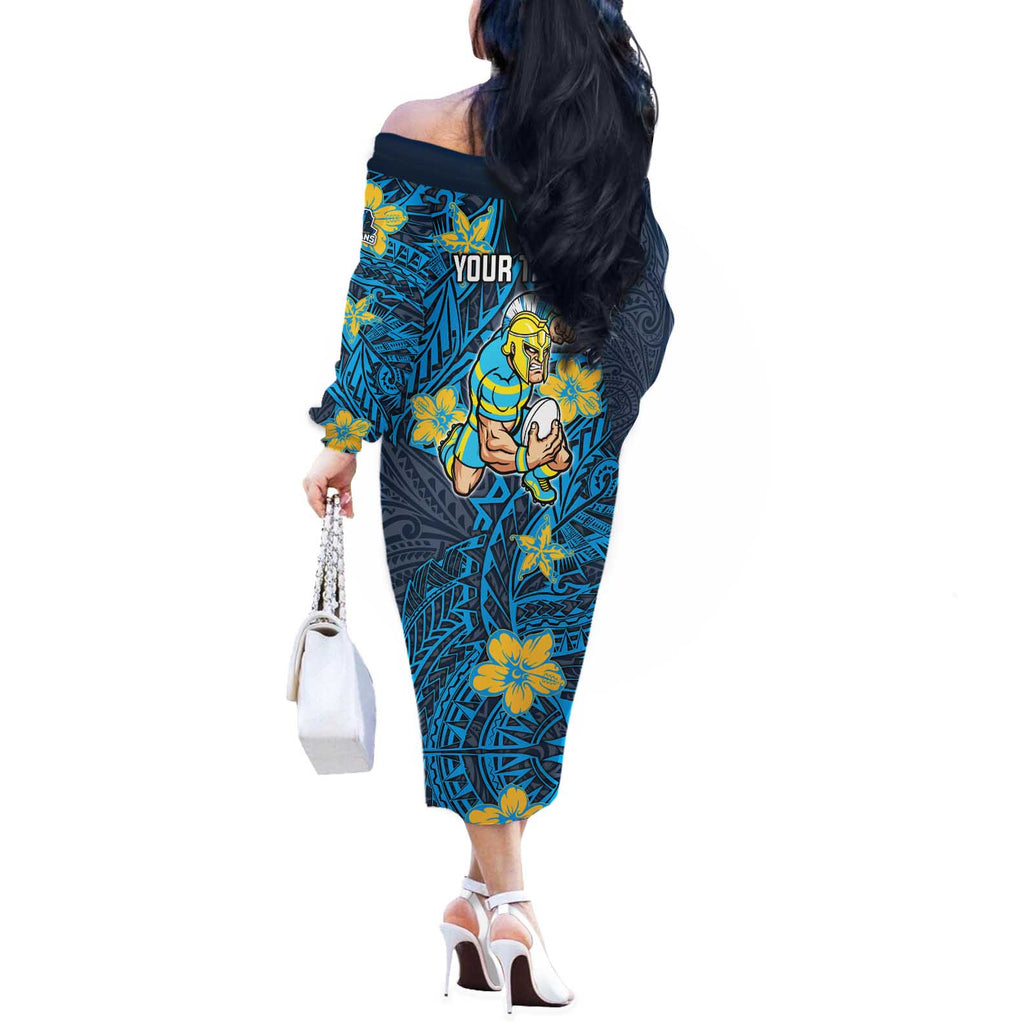 Personalised Gold Coast Titans Off The Shoulder Long Sleeve Dress Polynesian Tribal Pattern With Rugby Titan Mascot Art