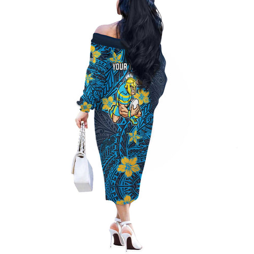 Personalised Gold Coast Titans Off The Shoulder Long Sleeve Dress Polynesian Tribal Pattern With Rugby Titan Mascot Art