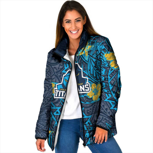 Personalised Gold Coast Titans Padded Jacket Polynesian Tribal Pattern With Rugby Titan Mascot Art