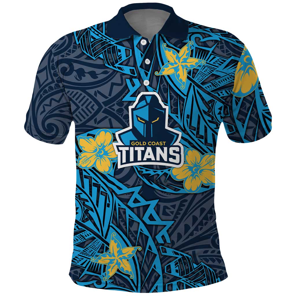 Personalised Gold Coast Titans Polo Shirt Polynesian Tribal Pattern With Rugby Titan Mascot Art