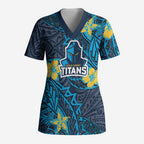 Personalised Gold Coast Titans Scrub Top Polynesian Tribal Pattern With Rugby Titan Mascot Art