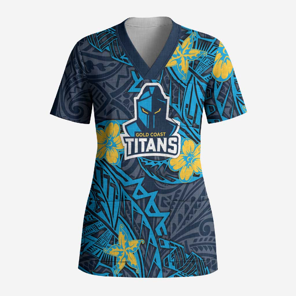 Personalised Gold Coast Titans Scrub Top Polynesian Tribal Pattern With Rugby Titan Mascot Art