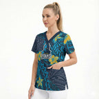 Personalised Gold Coast Titans Scrub Top Polynesian Tribal Pattern With Rugby Titan Mascot Art