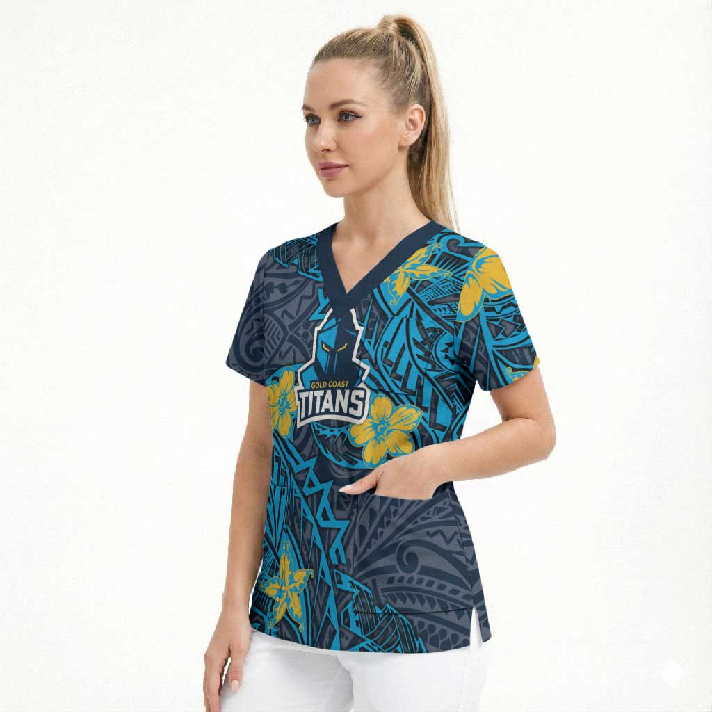 Personalised Gold Coast Titans Scrub Top Polynesian Tribal Pattern With Rugby Titan Mascot Art